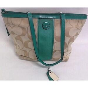 Coach Women's Signature Stripe Canvas Tote Bag Green Shoulder